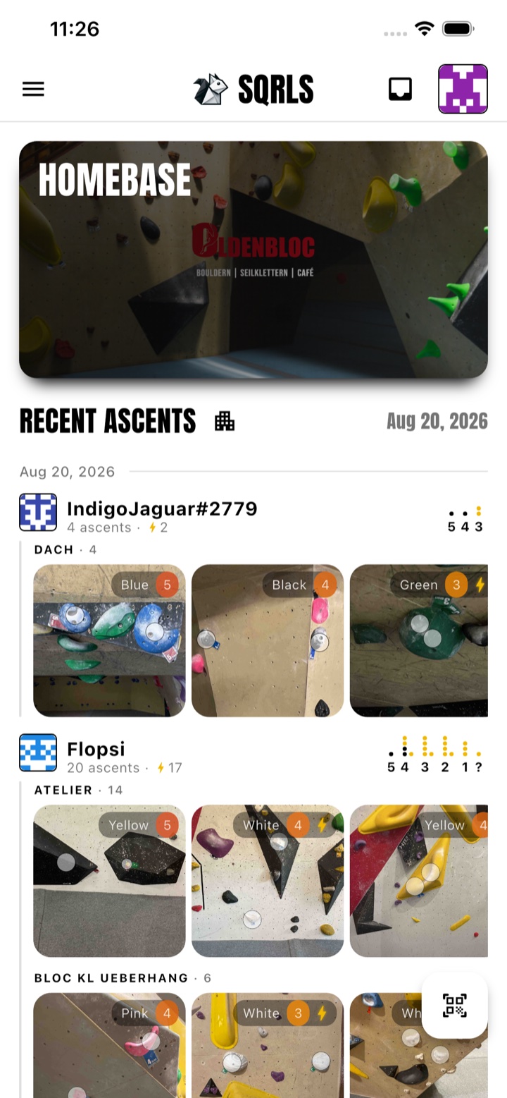 The SQRLS home view with the live recent-ascents feed