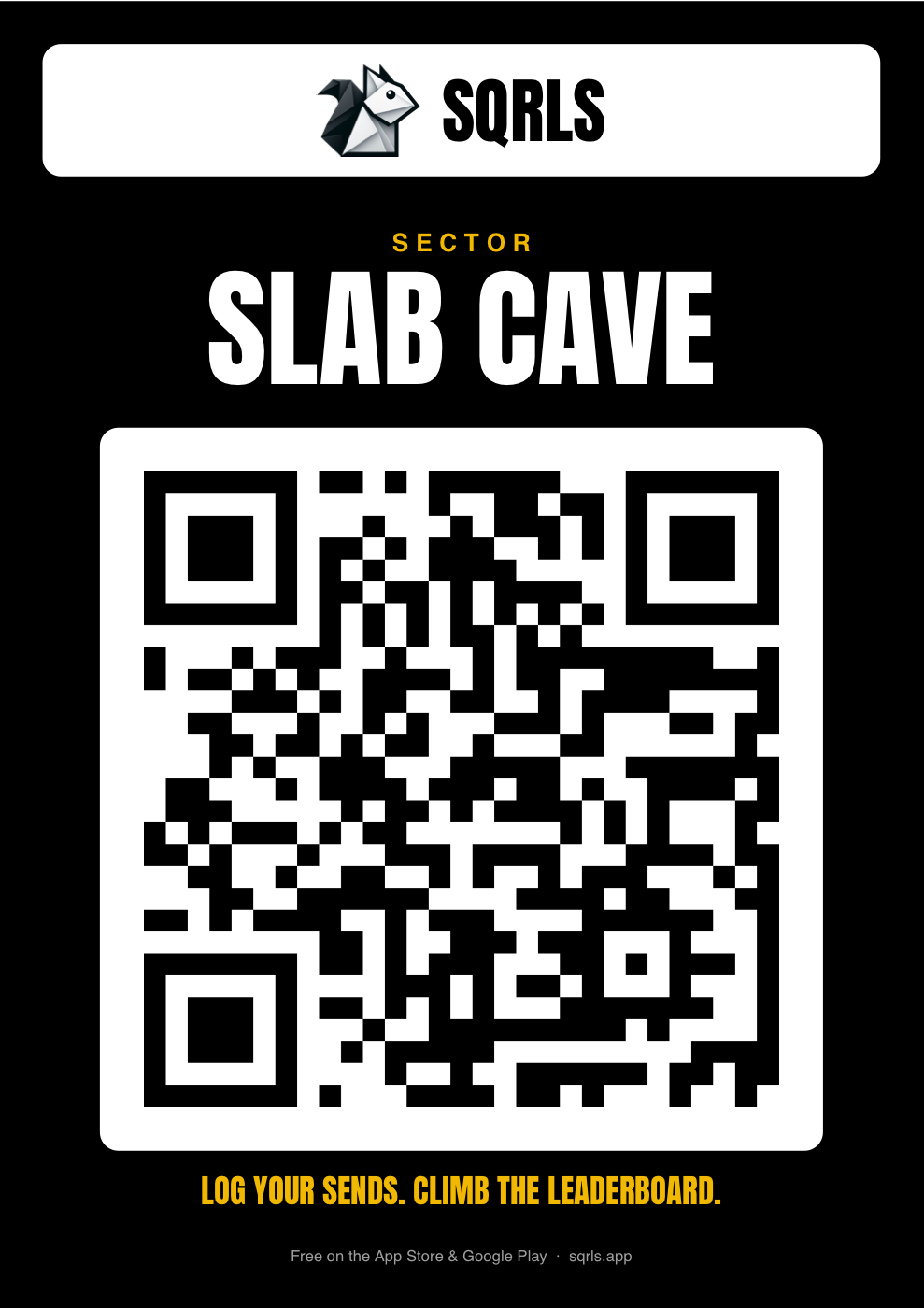 A black SQRLS poster for the sector 'Slab Cave' with a large QR code
